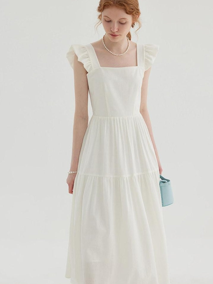 fano High Waist Ruffle A Line Square Neck Office Casual Maxi Dresses