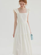 fano High Waist Ruffle A Line Square Neck Office Casual Maxi Dresses