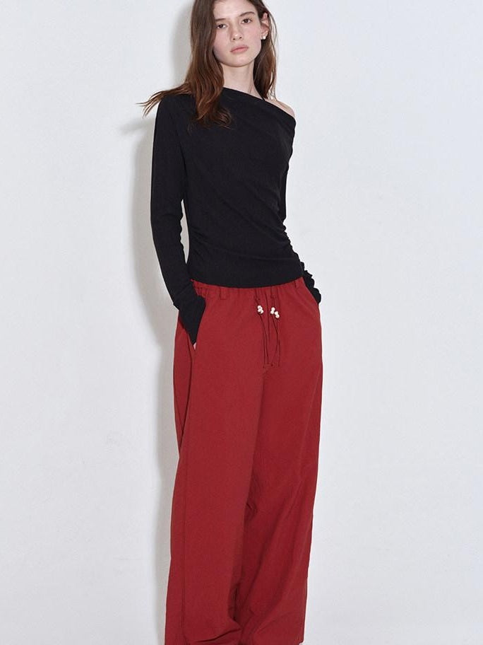 fano High Waist Elastic Minimal Korean Workwear Wide Leg Nylon Red Straight Pants