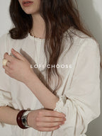 Lofi choose Pure Cotton Lace Trim Office Loose Fit Round Neck Long Sleeve Women Blouses