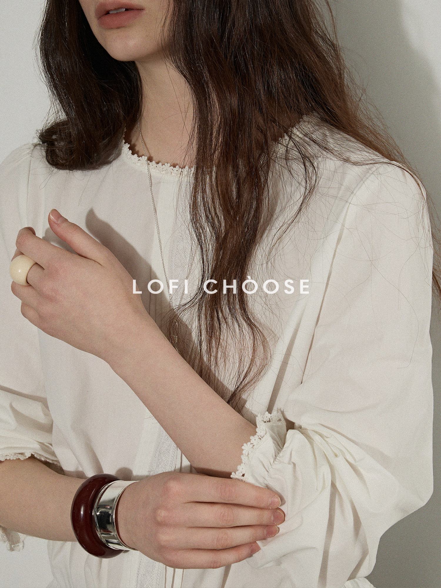 Lofi choose Pure Cotton Lace Trim Office Loose Fit Round Neck Long Sleeve Women Blouses