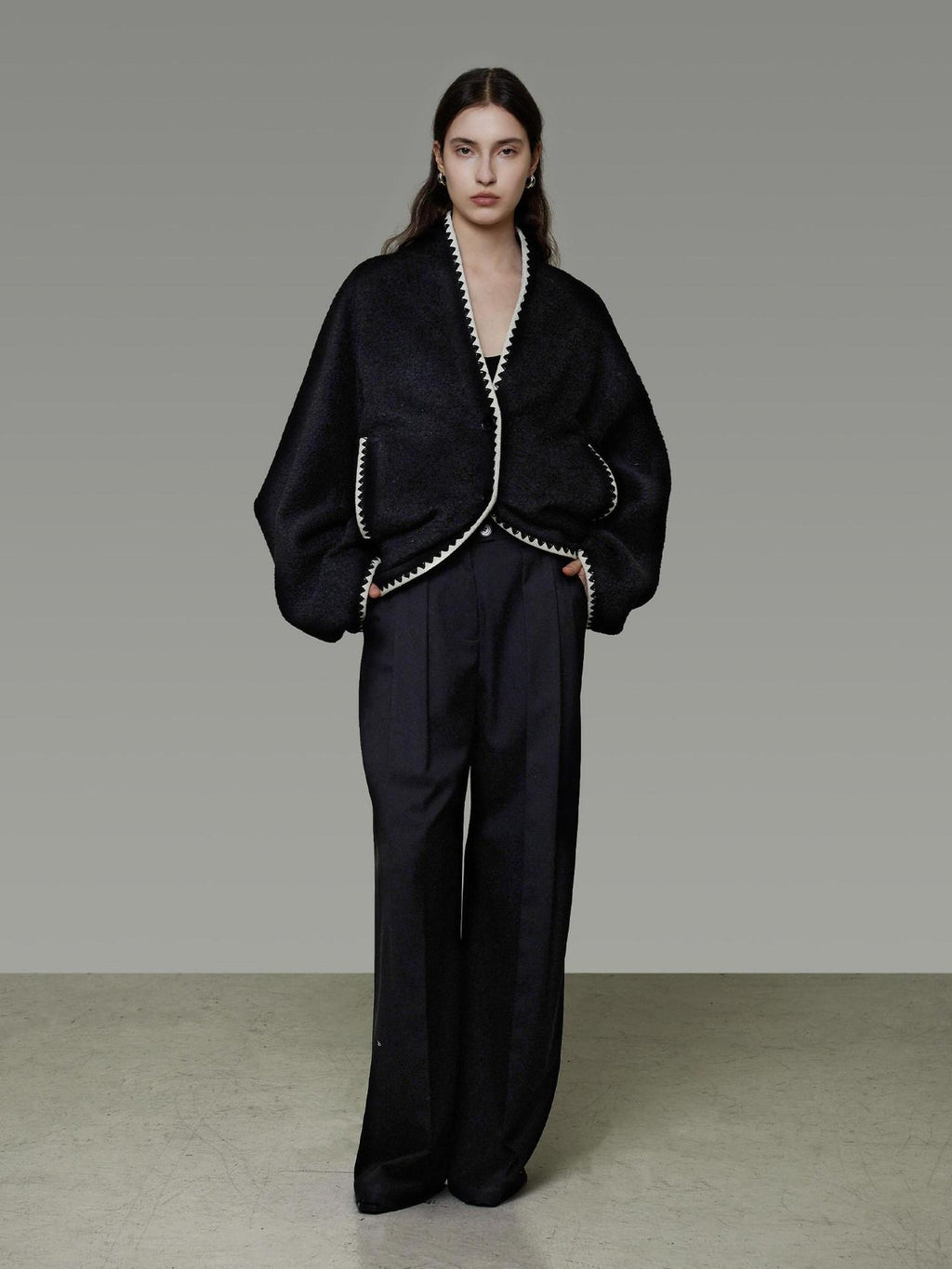 unspoken Minimalist Commuter Tailored Oversized V-neck Short Black Women Wool Coats