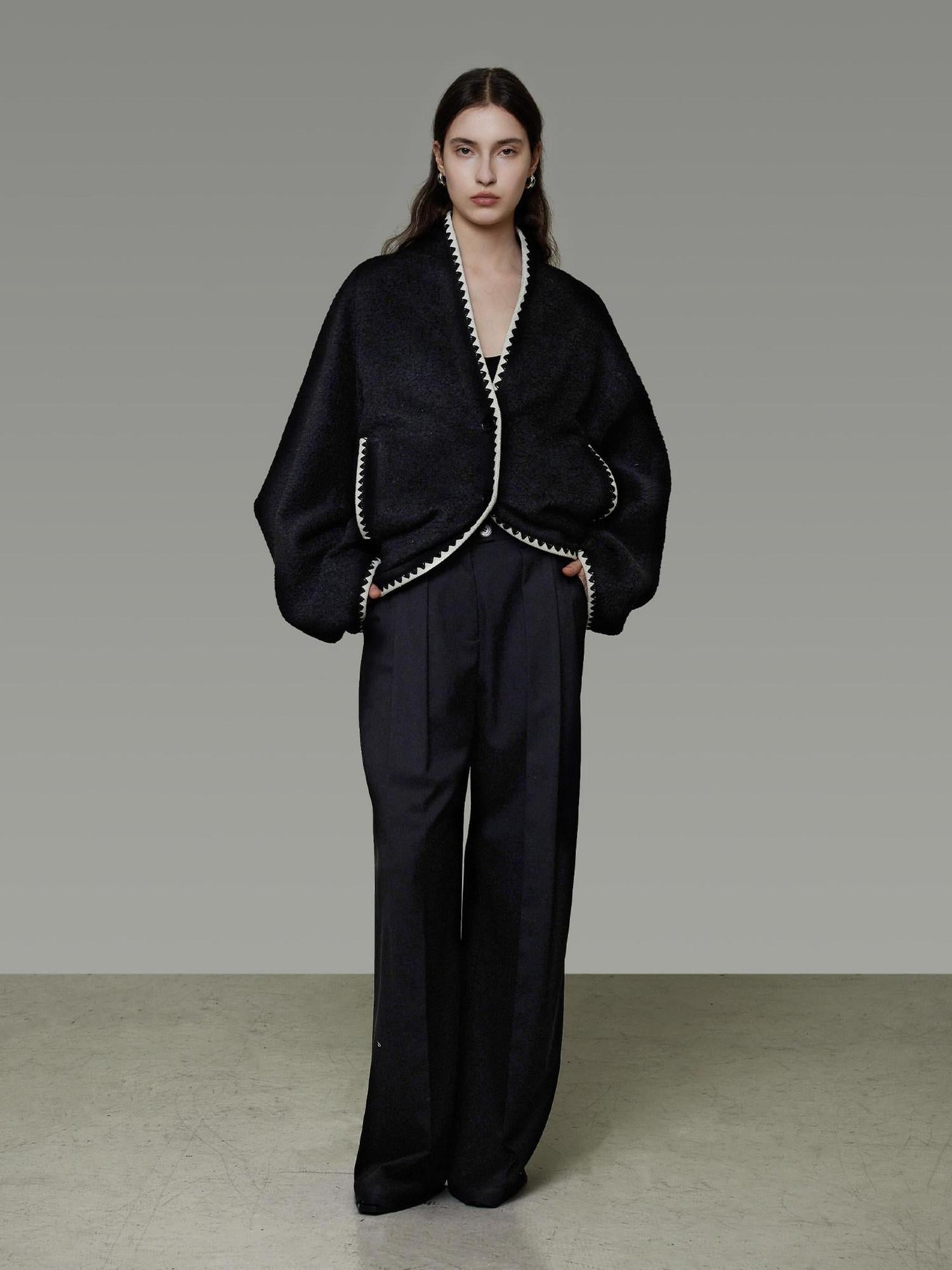 unspoken Minimalist Commuter Tailored Oversized V-neck Short Black Women Wool Coats