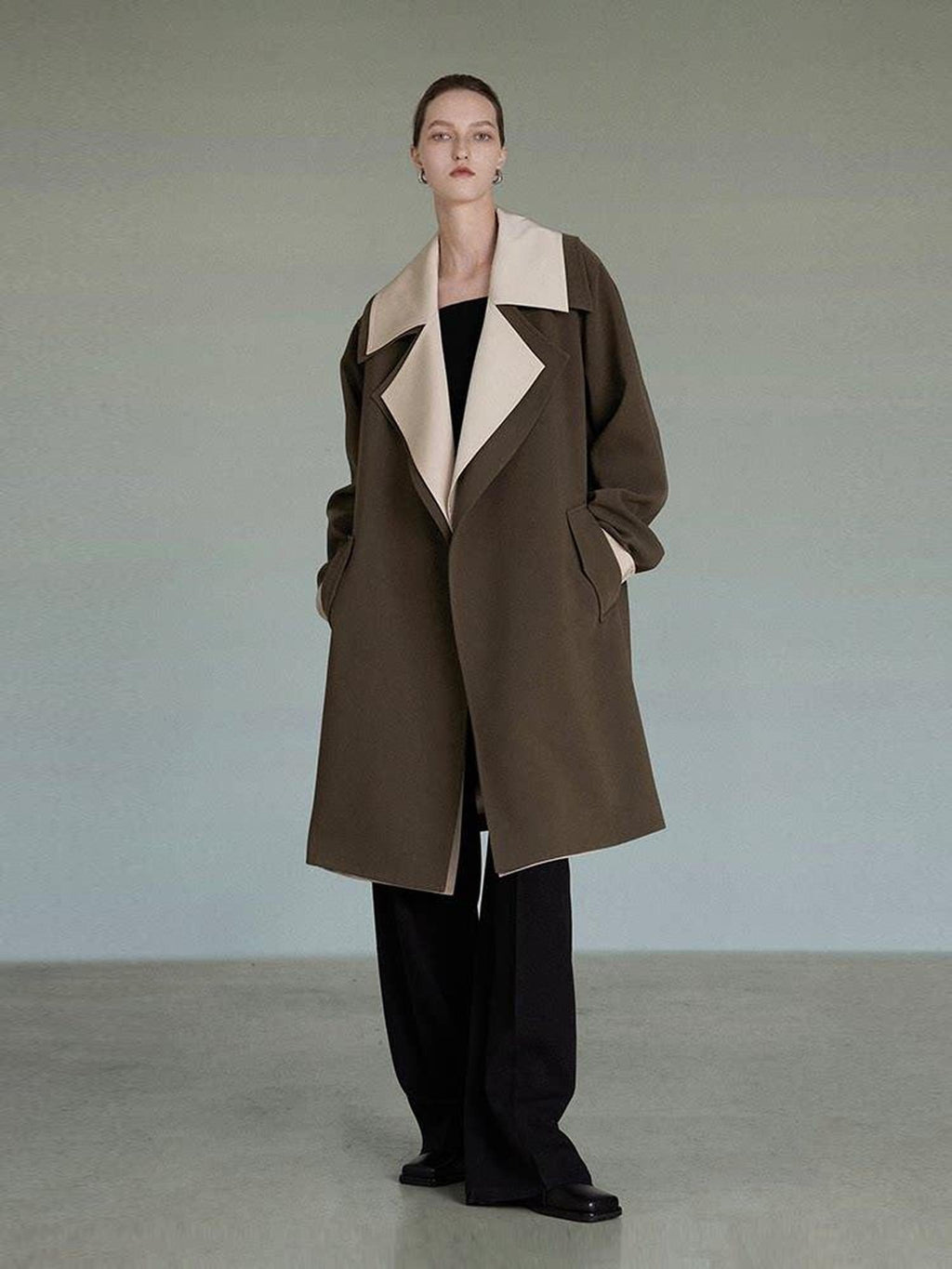 unspoken Single Breasted Straight Fit Commuter Artistic Women Dark Grey Green Long Coats