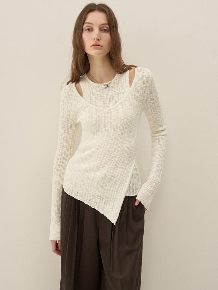 someone sometimes Polyester Blend Knit V-neck Slim Fit Sweet Ivory Women Long Sleeve T-Shirts