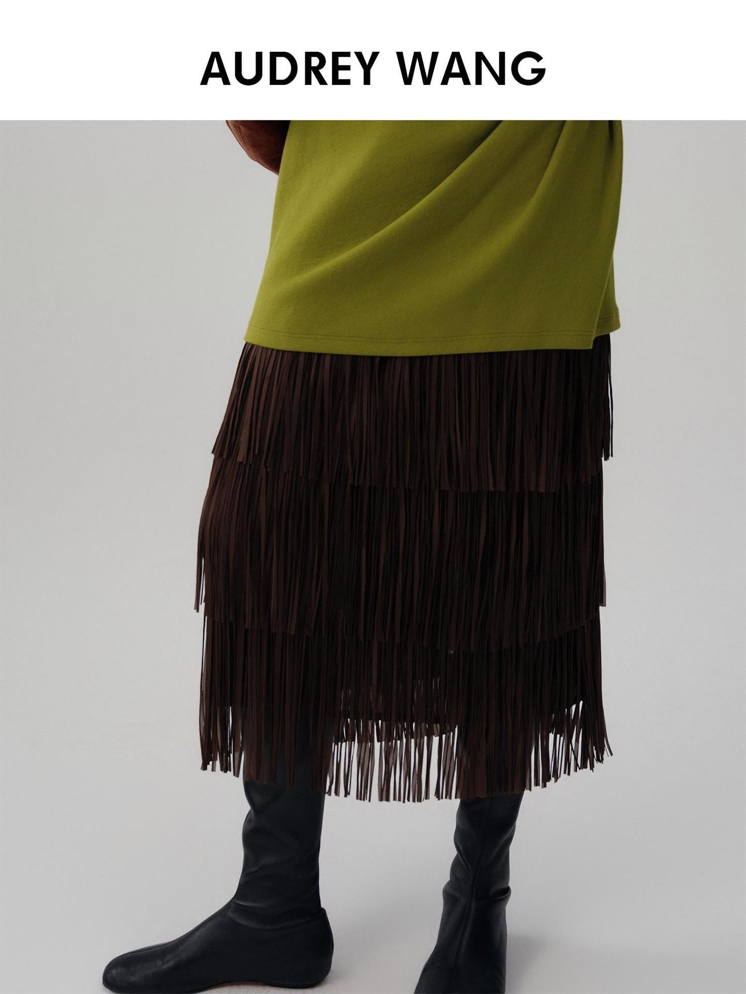 audreyyang Hand Pleated Tiered Fringe Mid Waist Casual Women Polyester Midi Skirts