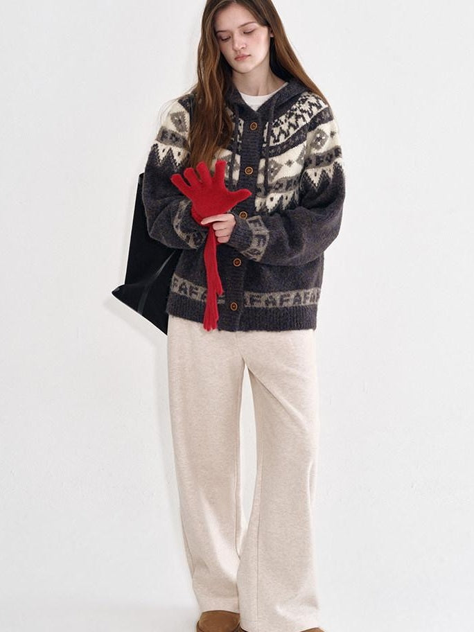 fano Cozy Hooded Jacquard Loose Fit Casual Long Sleeve Knit For Young Women Cardigans