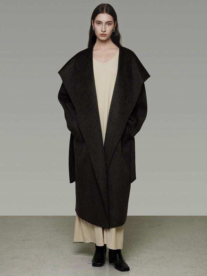 unspoken Pure Sheepswool Long Belted Lapel Loose Tailored Office Coffee Brown Wool Coats