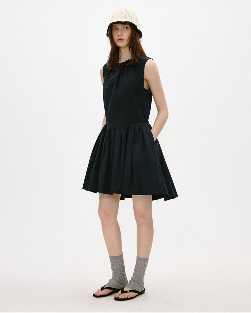 fano Sleeveless Korean Workwear A Line Natural Waist Cotton Blend Black Midi Dresses