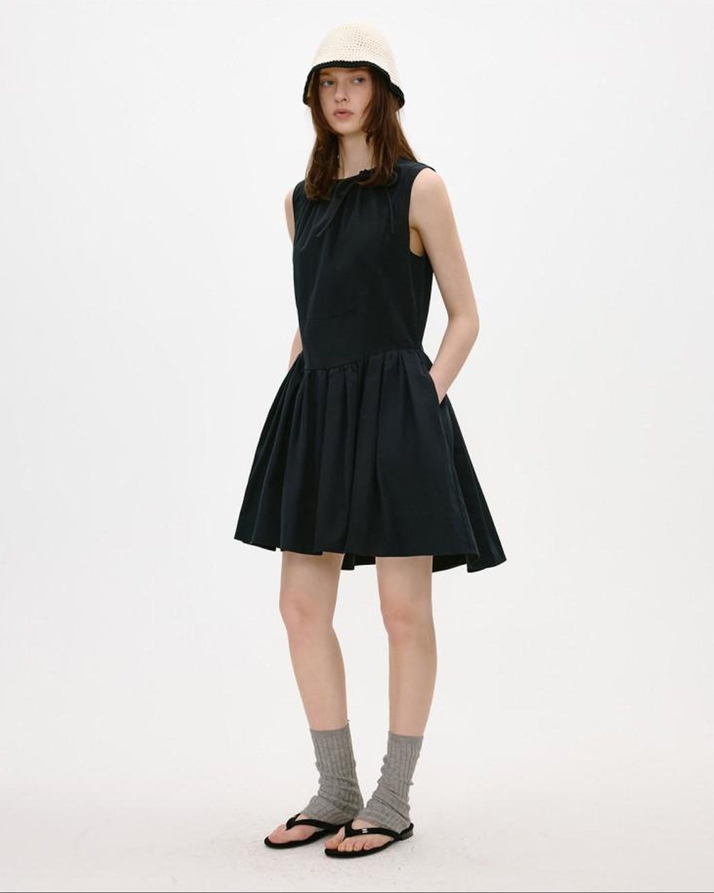 fano Sleeveless Korean Workwear A Line Natural Waist Cotton Blend Black Midi Dresses