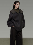 unspoken Premium Lambswool Hooded Relaxed Fit Minimal Commuter Zipper Gray Wool Coats