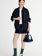 fano Vintage Black Grey Plaid Ruffle Loose Fit Viscose Zipper Women Bomber Jackets