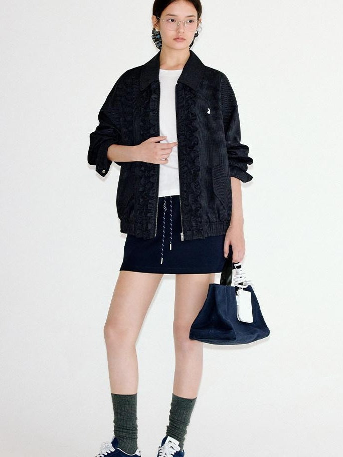 fano Vintage Black Grey Plaid Ruffle Loose Fit Viscose Zipper Women Bomber Jackets