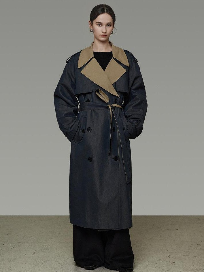 unspoken Navy Cotton Denim Double Breasted Loose Fit Commuter Women Trench Coats