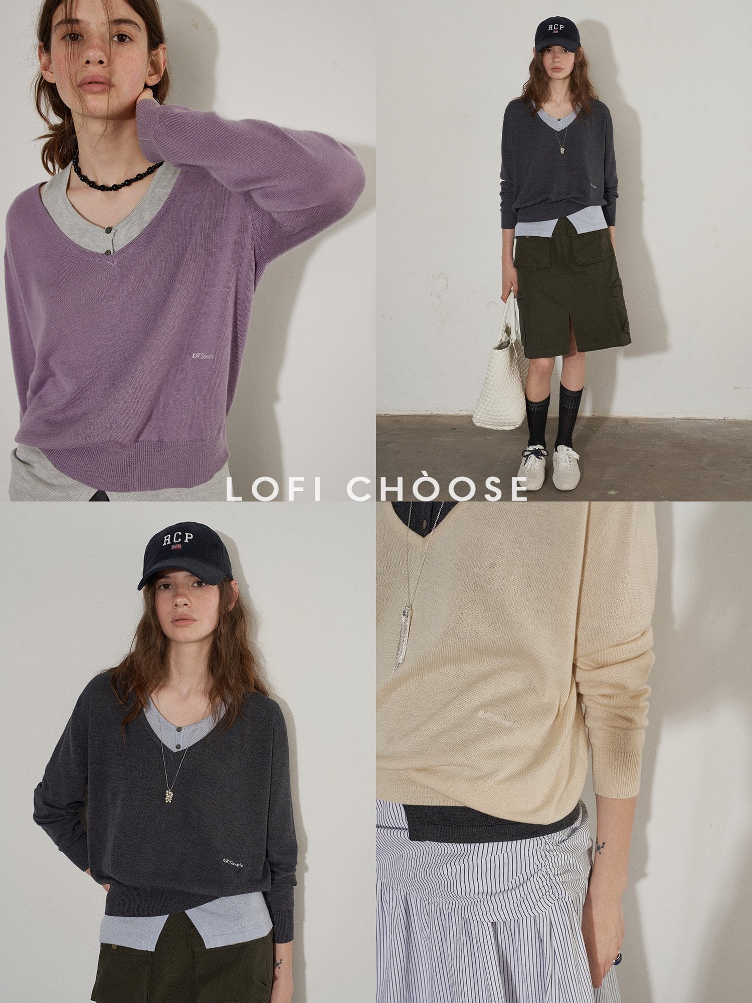 Lofi choose Silk Blend V-neck Oversized Pullover Simple Women Solid Knit Sweaters