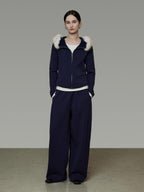 unspoken Warm Slim Fit Zip Hooded Cardigan High Waist Commuter Polyester Navy Lounge Sets