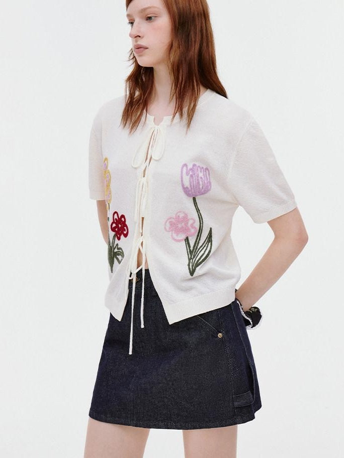 fano V-neck Tie Front Floral Short Sleeve Korean Loose Fit Women Beige Cardigans