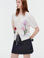 fano V-neck Tie Front Floral Short Sleeve Korean Loose Fit Women Beige Cardigans