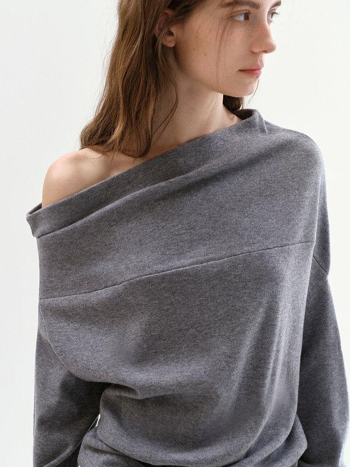 fano Minimalist Office Regular Asymmetric Neck Batwing Sleeve Women Nylon Sweaters