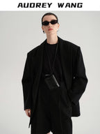 audreyyang Cotton Linen Casual Loose Double Breasted Womens Commuter Black Blazers