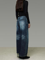 unspoken Washed High Waist Durable Workwear Vintage Blue Button Fly Rigid Wide Leg Jeans