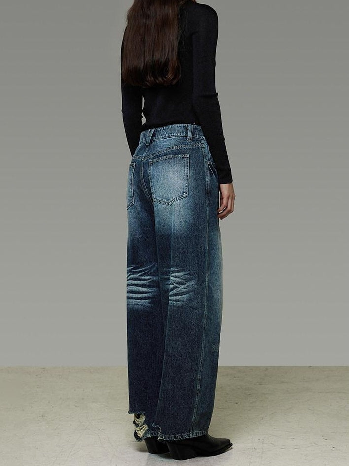unspoken Washed High Waist Durable Workwear Vintage Blue Button Fly Rigid Wide Leg Jeans
