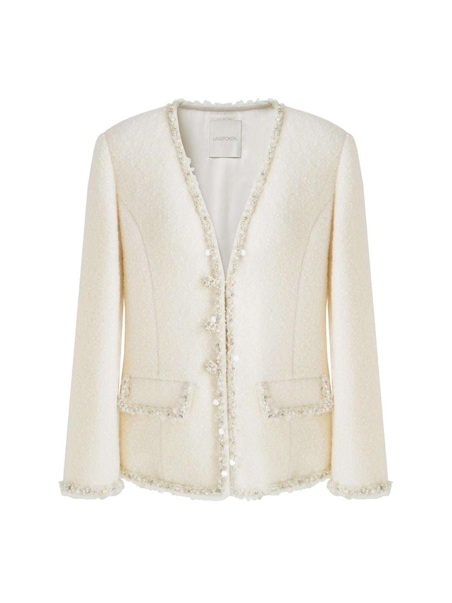 unspoken Soft Ivory Wool Blend Tailored Slim V-neck Long Sleeve Commuter Cardigans