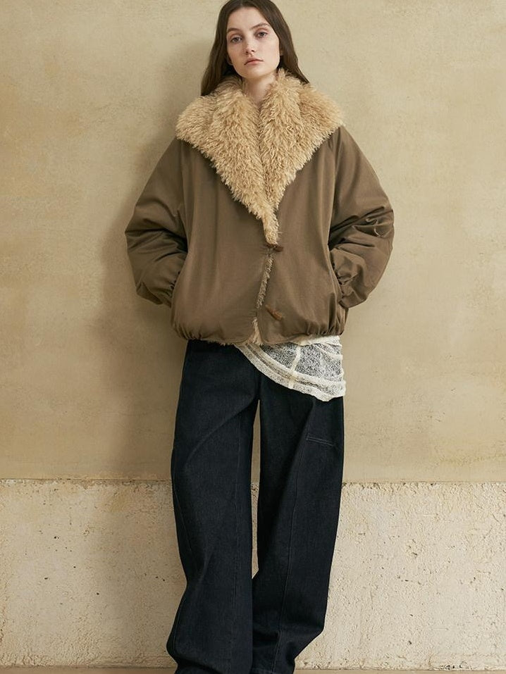 someonesometimes Cozy Commuter Cotton Blend Relaxed Short Collar Gray Brown Olive Puffer Jackets