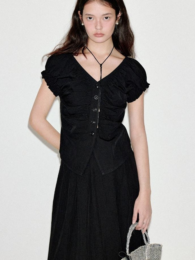 fano Sleek Black V-neck Button Short Sleeve Two Piece Chic Women Top & Skirt Sets