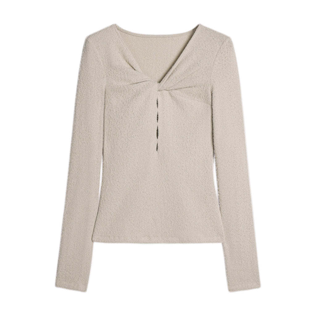 someonesometimes Soft Stretch V-neck Cutout Slim Fit Knit For Women Apricot Long Sleeve T-Shirts