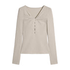 someonesometimes Soft Stretch V-neck Cutout Slim Fit Knit For Women Apricot Long Sleeve T-Shirts