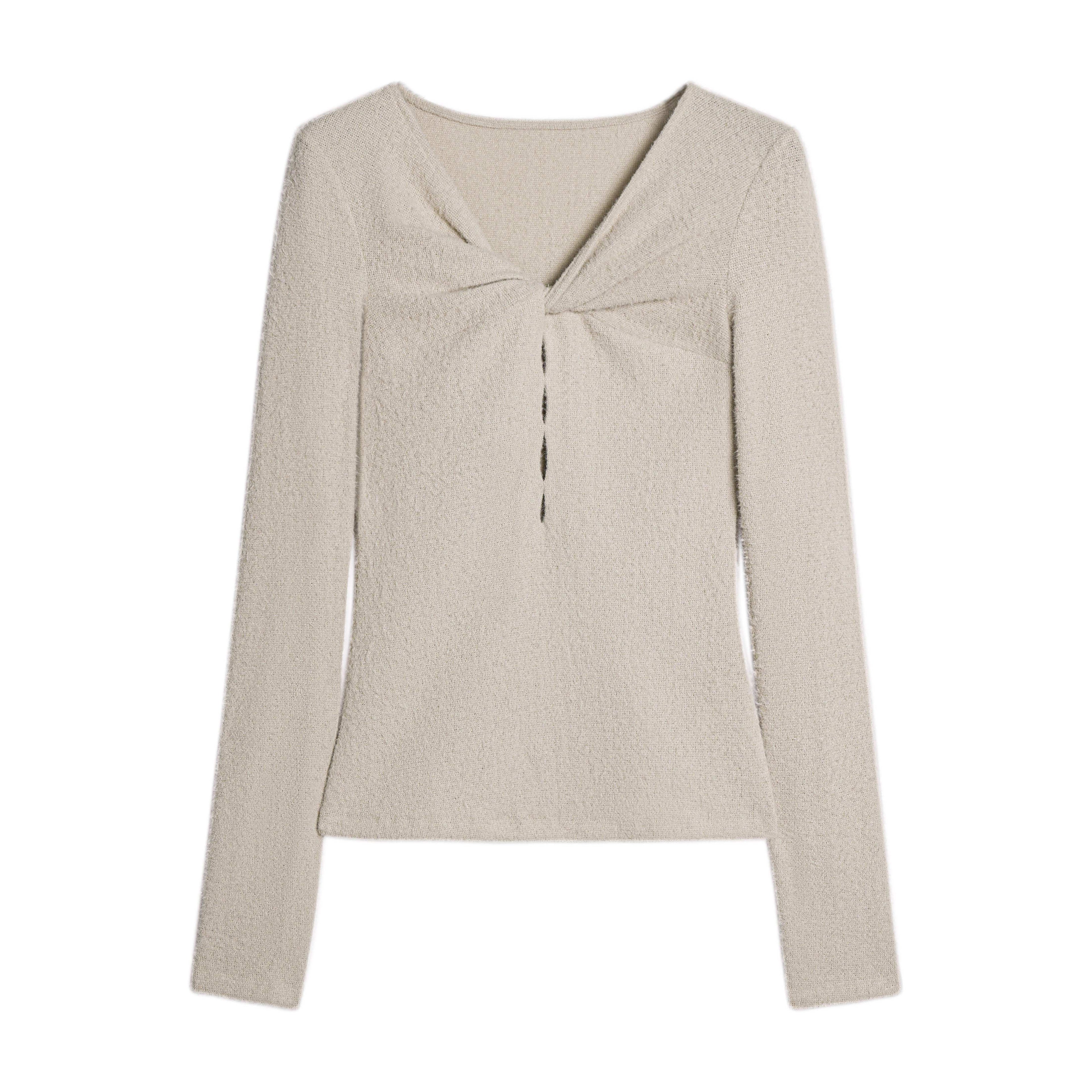 someonesometimes Soft Stretch V-neck Cutout Slim Fit Knit For Women Apricot Long Sleeve T-Shirts