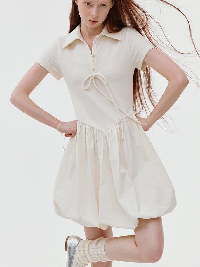 fano Stretch Short Sleeve Polo Cocoon Bubble Skirt Natural Waist Beige Midi Dresses