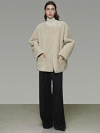 unspoken Warm Cream Collarless Minimalist Relaxed Fit Women Polyester Short Coat