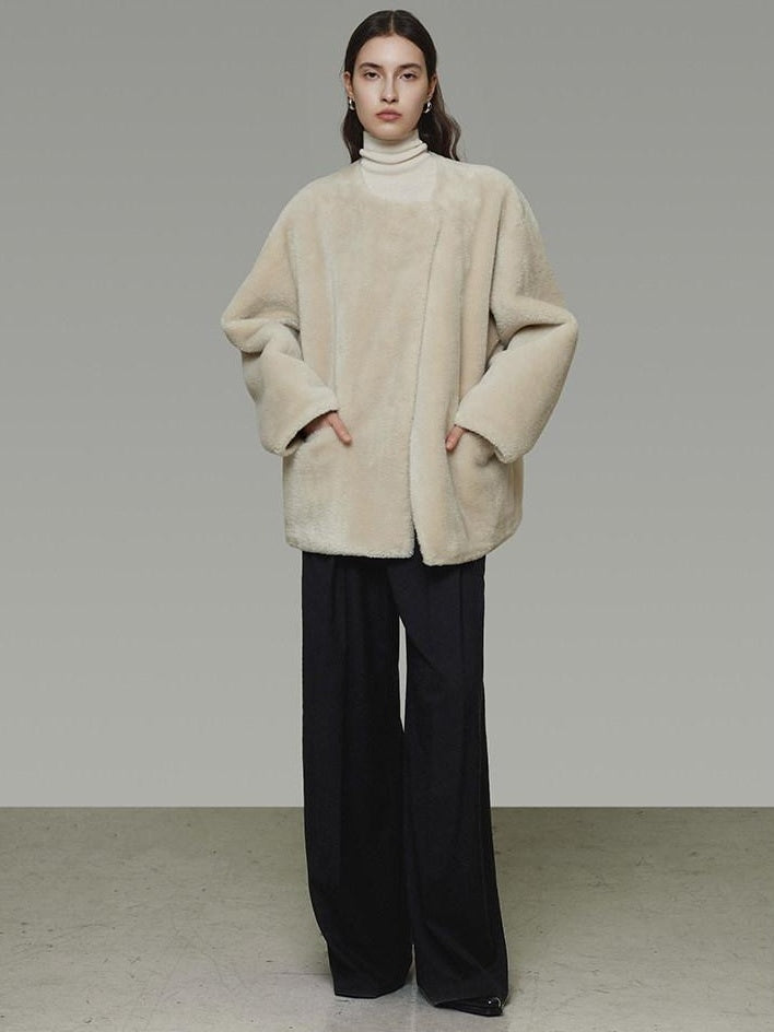unspoken Warm Cream Collarless Minimalist Relaxed Fit Women Polyester Short Coat