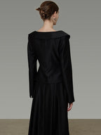 unspoken Slim Long Sleeve Square Neck Button Crop Top High Waist Black Top & Skirt Sets