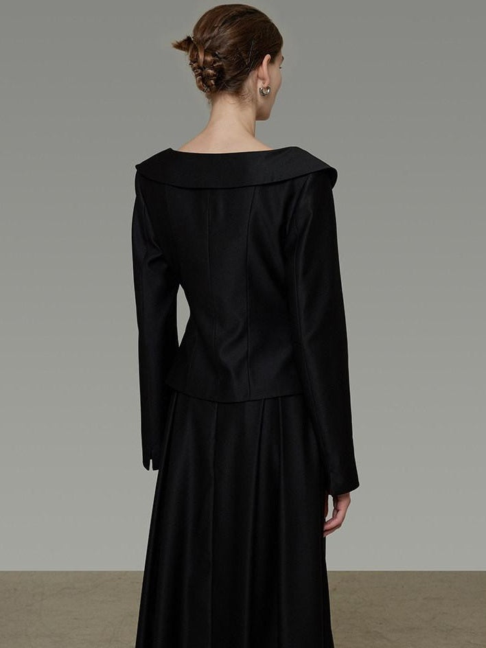 unspoken Slim Long Sleeve Square Neck Button Crop Top High Waist Black Top & Skirt Sets
