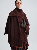 audreyyang 100 Percent Sheepswool Thick Vintage Loose Built In Scarf Women Knit Sweaters