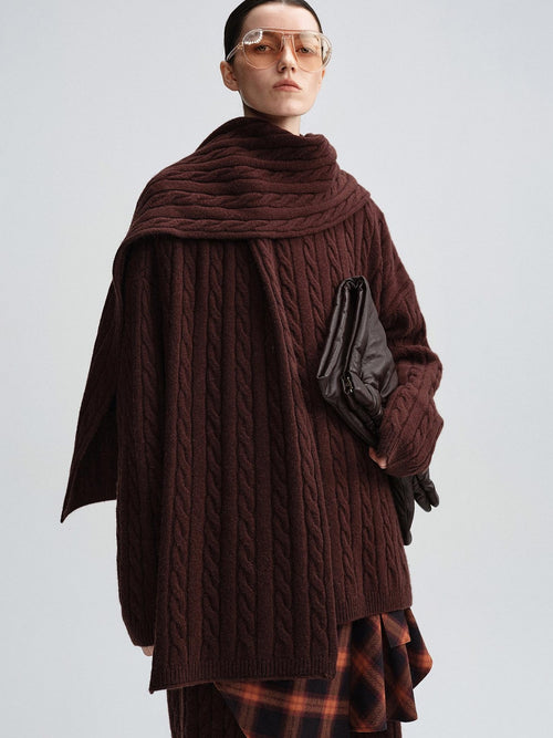 audreyyang 100 Percent Sheepswool Thick Vintage Loose Built In Scarf Women Knit Sweaters