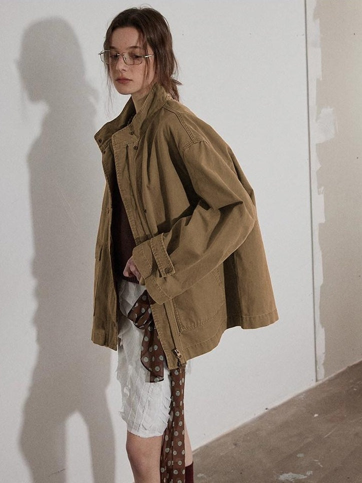 Lofi choose Airy Loose Fit Commuter Lapel Button Longsleeve Solid Khaki Cropped Jackets