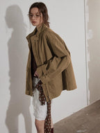 Lofi choose Airy Loose Fit Commuter Lapel Button Longsleeve Solid Khaki Cropped Jackets