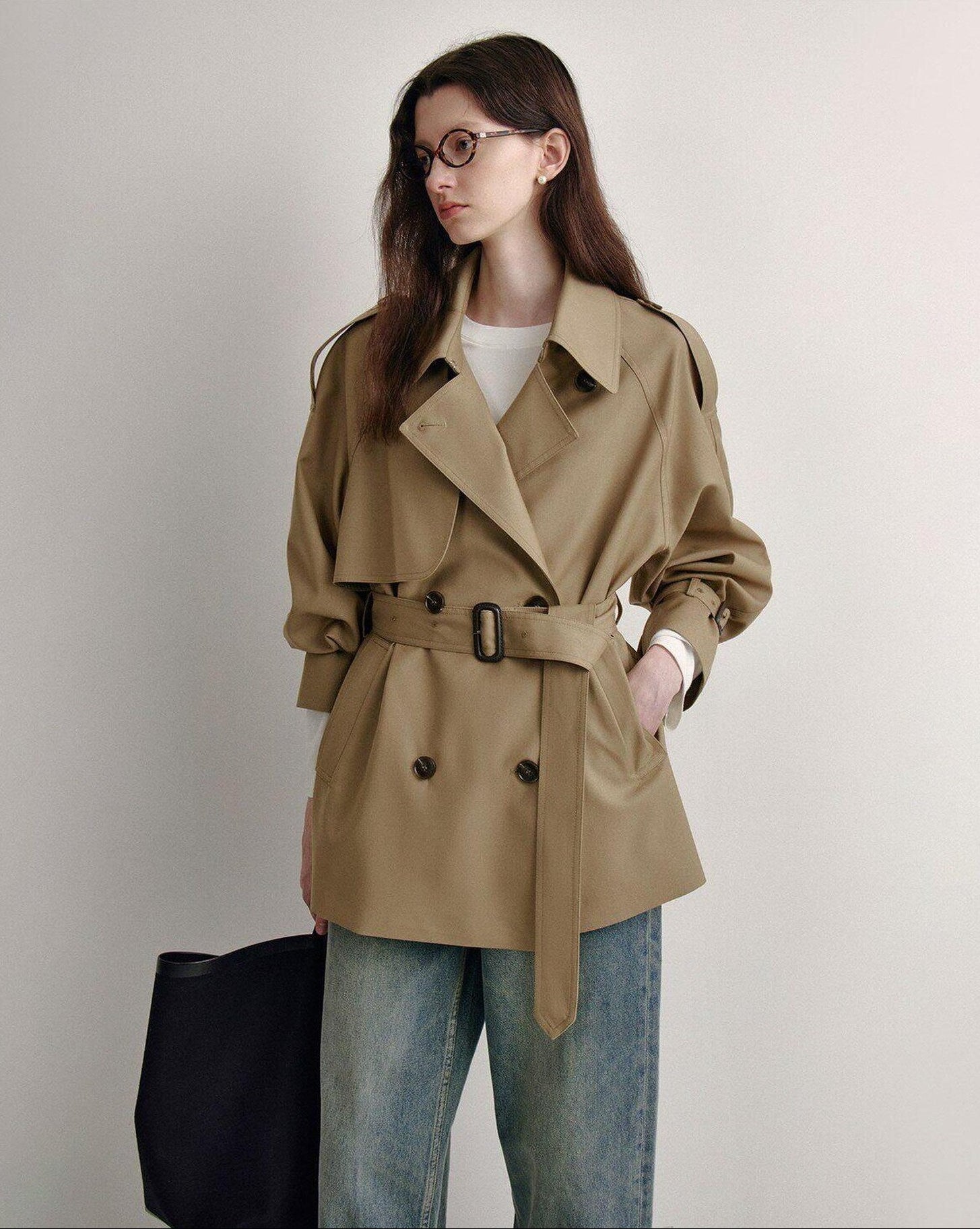 fano Double Breasted Button Front Minimal Commuter Straight Women Khaki Short Coat