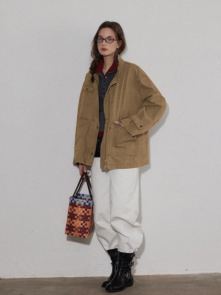 Lofi choose Airy Loose Fit Commuter Lapel Button Longsleeve Solid Khaki Cropped Jackets