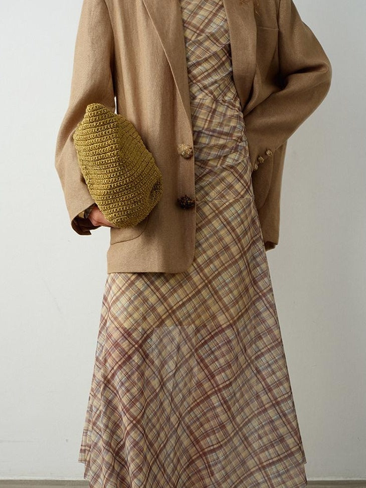 audreyyang Breathable Pure Linen Dot Loose Fit Notched Lapel Women Workwear Gold Blazers
