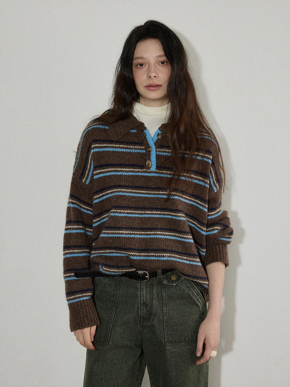 Lofi choose Cozy Colorblock Collared Oversized Striped Button Knit Pullover Women Sweaters