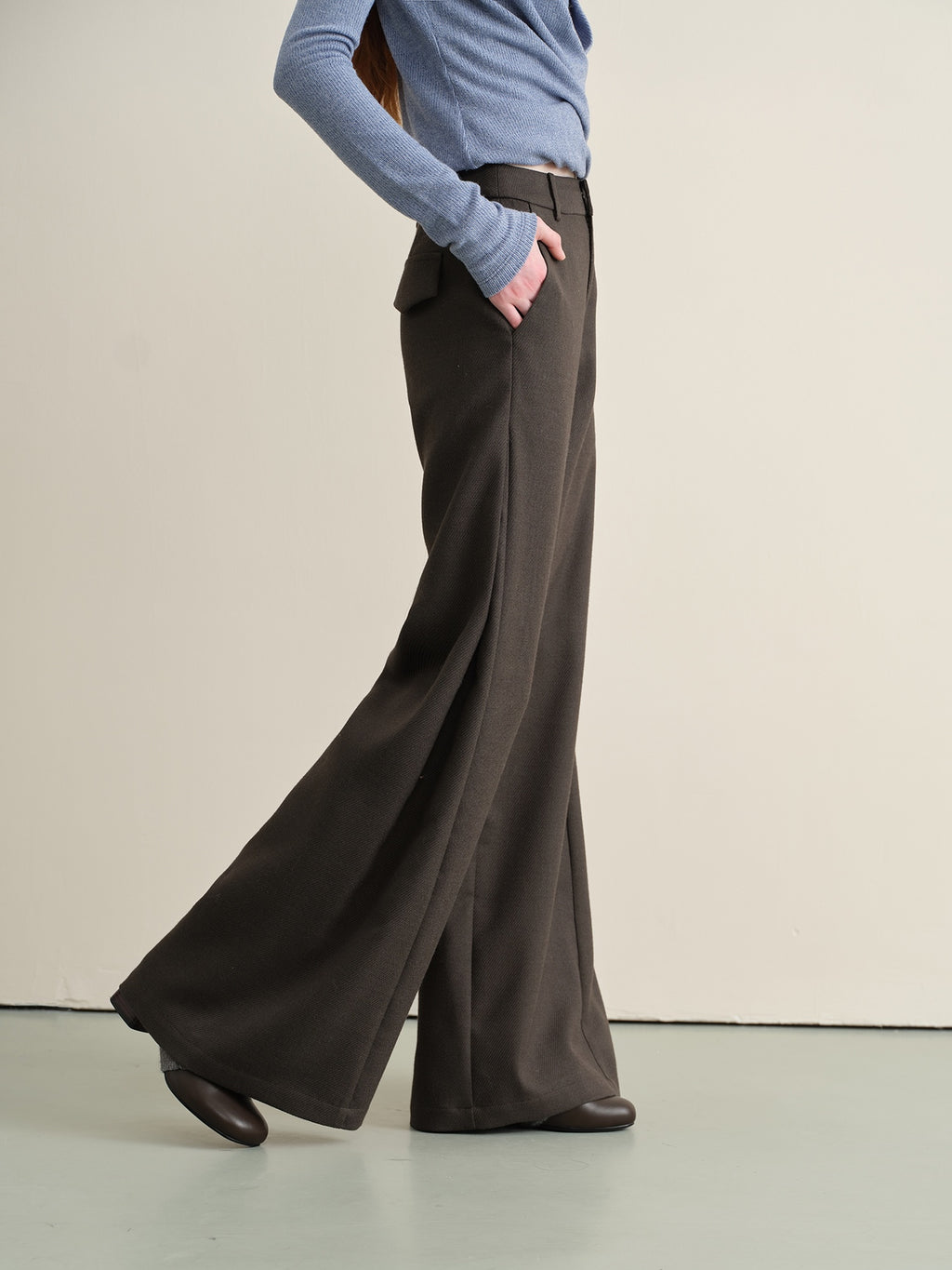 Stretch Knit Olive Gray Micro Flare Casual High Waist Women Flared Pants