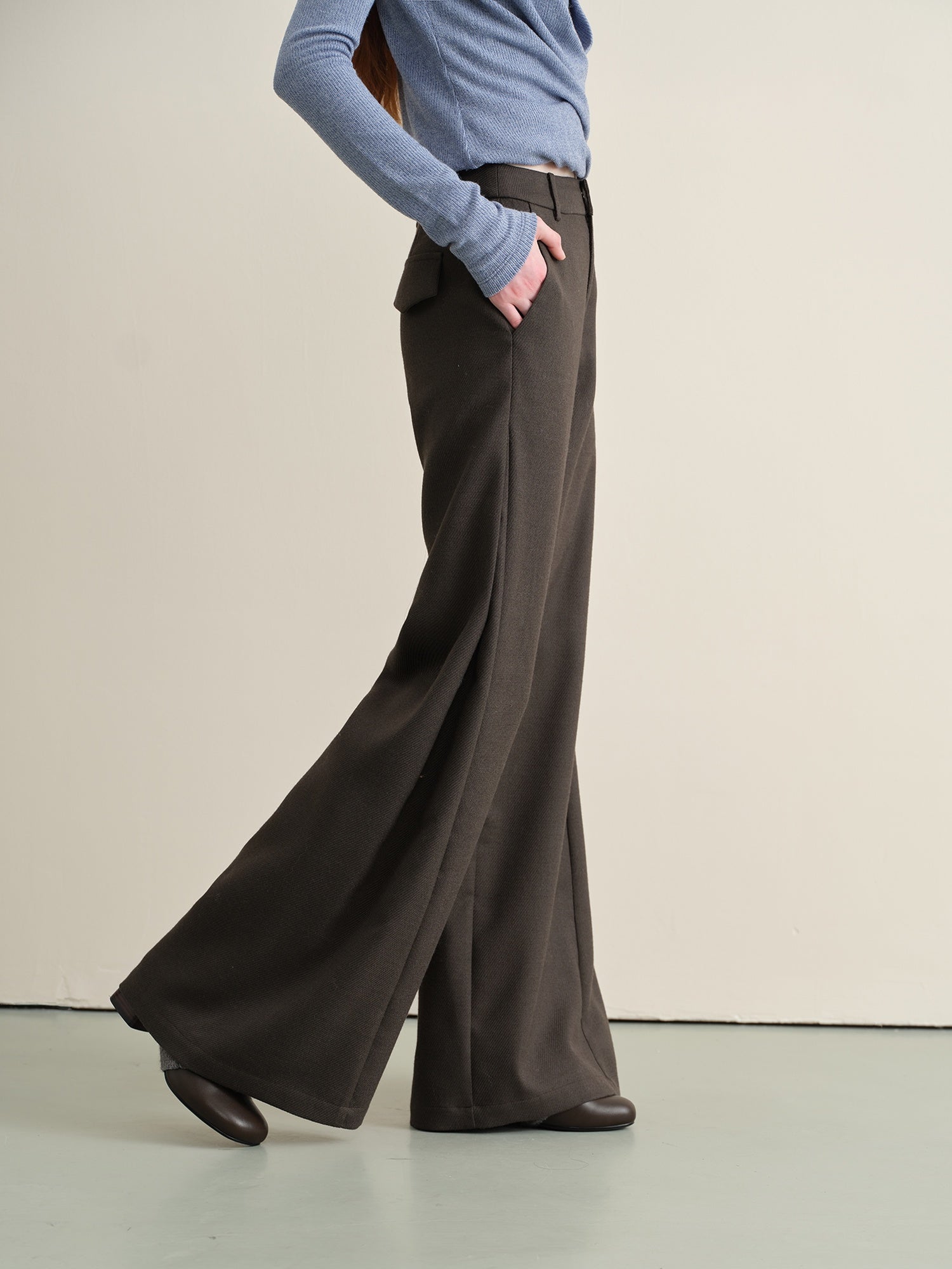 Stretch Knit Olive Gray Micro Flare Casual High Waist Women Flared Pants
