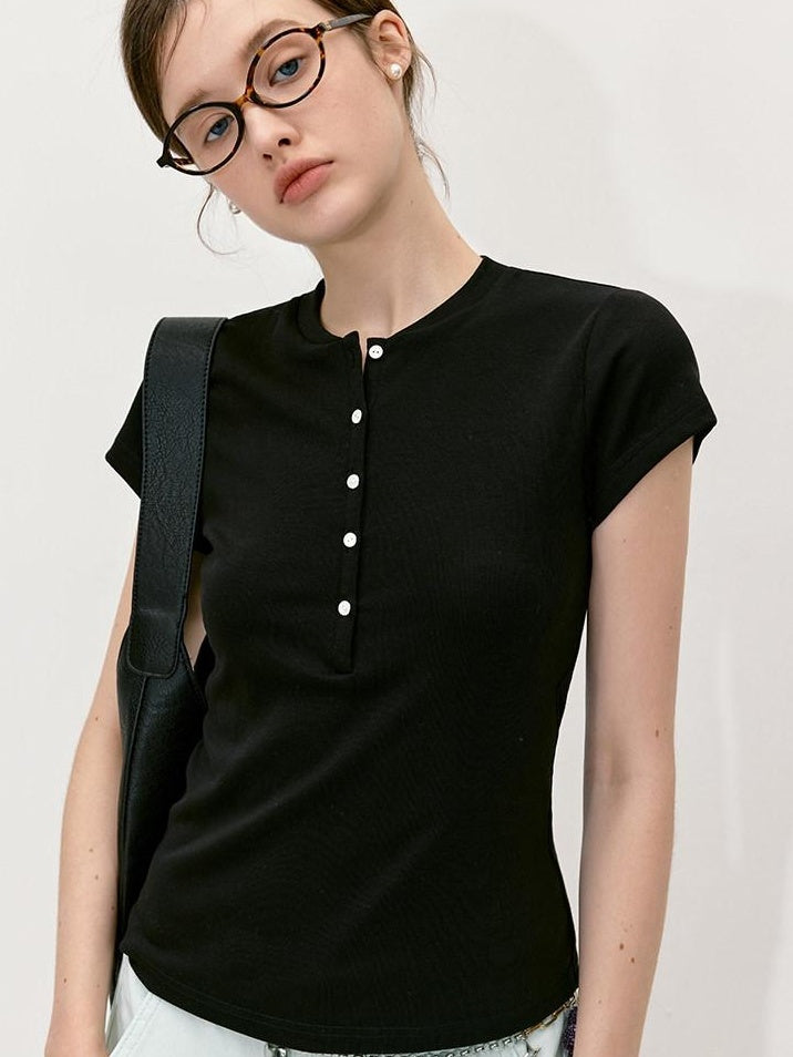 fano Black Slim Fit Half Collar Button Commuter Women Lyocell Short Sleeve T-Shirts