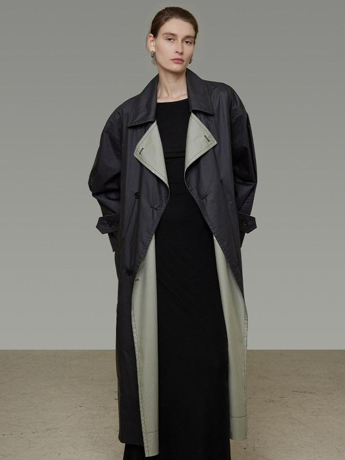 unspoken Minimal Commuter Long Double Breasted Loose Fit Women Black Olive Trench Coats