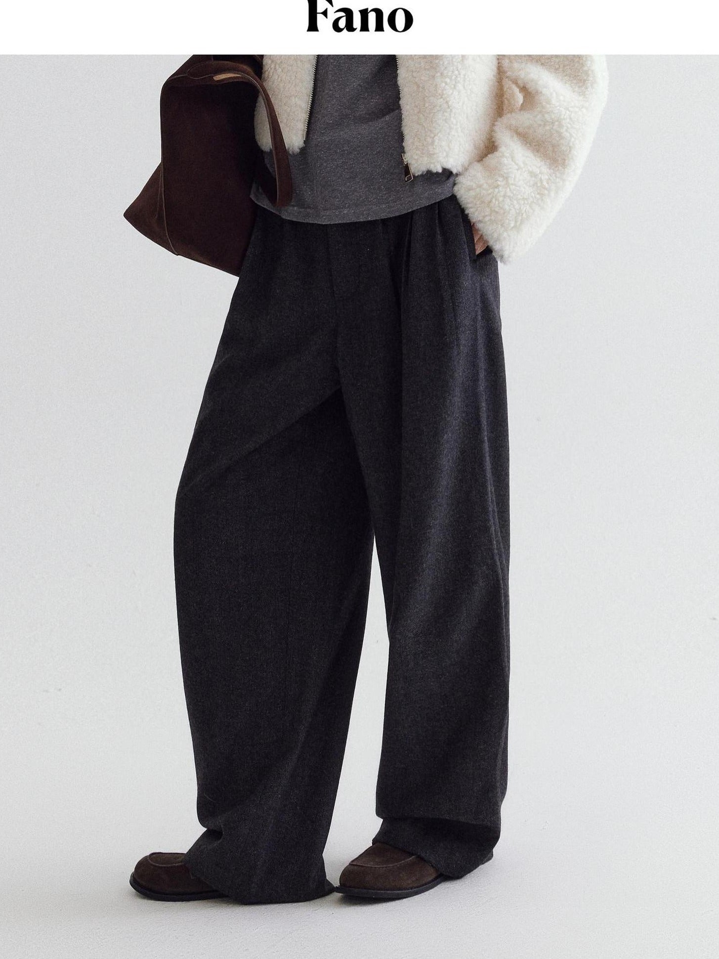 fano High Waist Minimalist Straight Leg Long Deep Gray Women Casual Pants